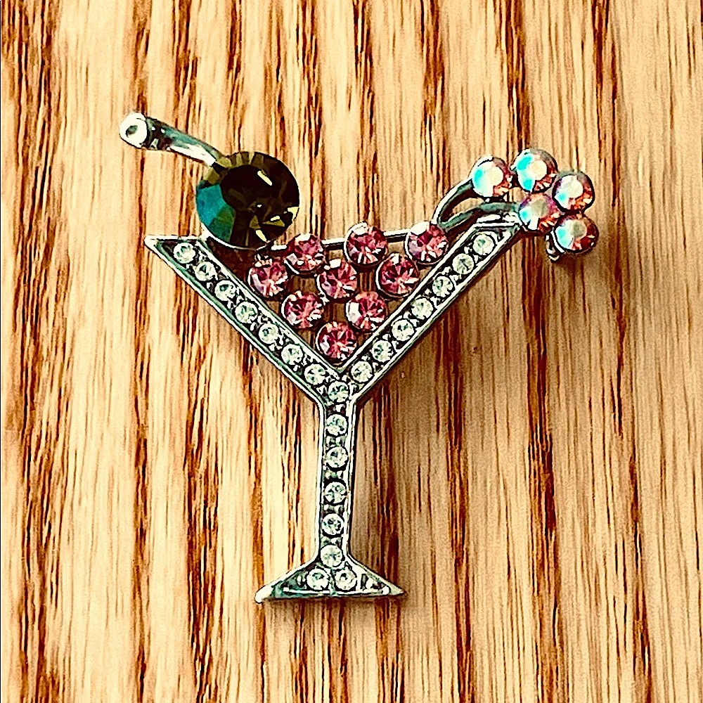 Rhinestone Martini Cocktail Glass Brooch Pin – Pink Crystal Party Drink Jewelry